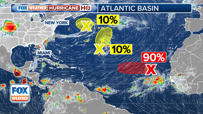 This graphic provides an overview of the tropical Atlantic basin, as well as development odds.