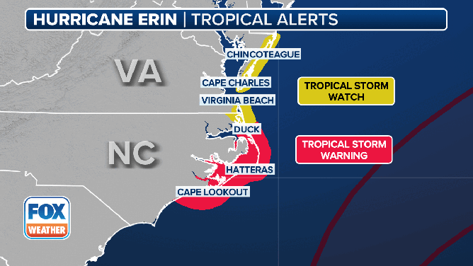 This animated graphic shows the tropical and storm surge alerts in effect due to Hurricane Erin.