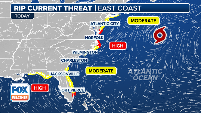 This graphic shows the rip current risk on the East Coast due to Tropical Storm Dexter.