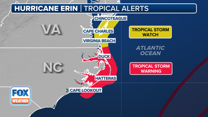 This graphic shows tropical alerts in effect due to Hurricane Erin.