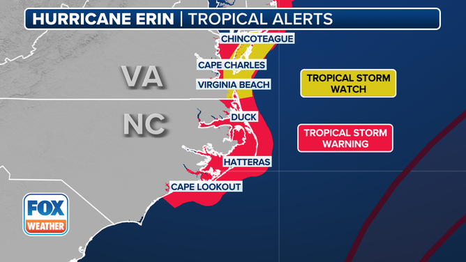 This graphic shows tropical alerts successful effect owed to Hurricane Erin.