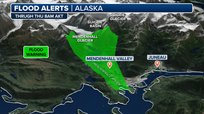 This graphic shows the Flood Warning in effect in parts of Juneau, Alaska, following a glacial lake outburst.