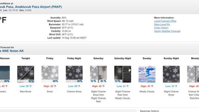 Snowfall expected along the Brooks Range in Northern Alaska.