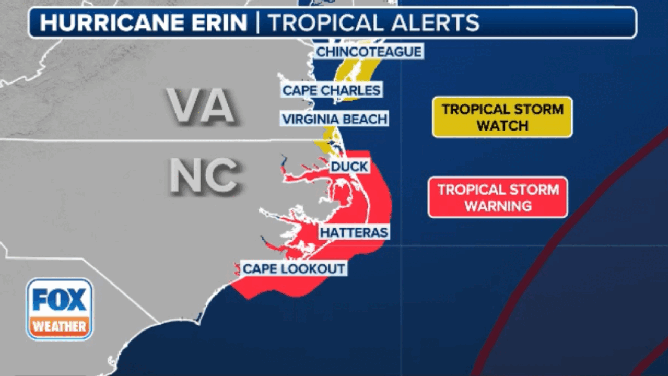 This animated graphic shows the tropical and storm surge alerts in effect due to Hurricane Erin.