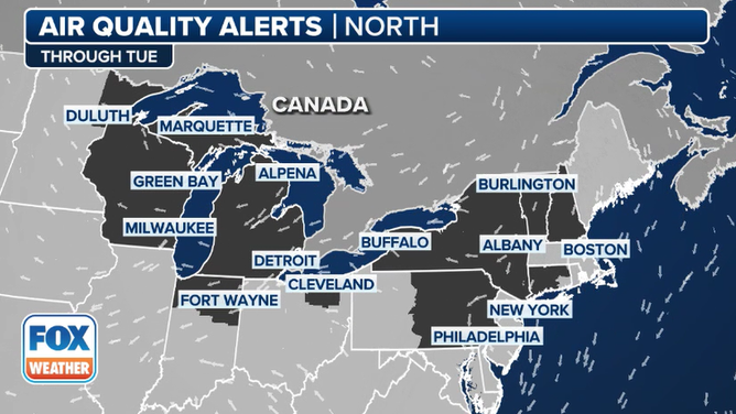 This graphic shows air quality alerts in effect on Tuesday, Aug. 5, 2025.