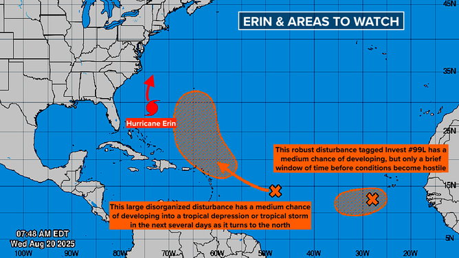 This graphic provides an overview of the tropical Atlantic basin on Aug. 20, 2025.