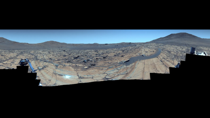 An enhanced-color mosaic of the area on Mars known as 