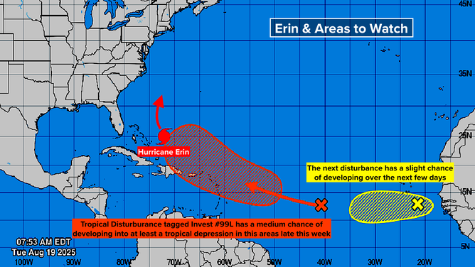 This graphic shows Hurricane Erin and different   areas to ticker  for tropical improvement  successful  the Atlantic Ocean.