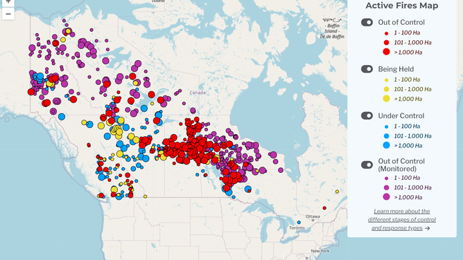 Map of active wildfires from the Canadian Interagency Forest Fire Centre.