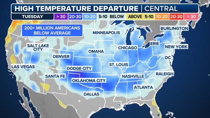 This graphic shows the temperature department from average on Tuesday, Aug. 26, 2025.