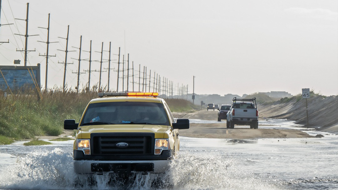 Overwash in Hatteras Island, North Carolina as Hurricane Erin's biggest impacts begin on Wednesday, Aug. 20, 2025.