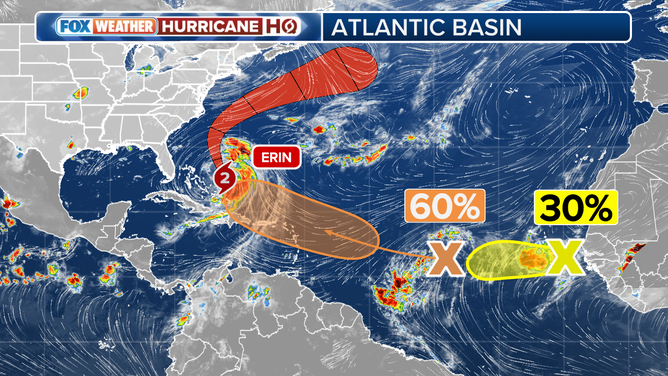This graphic shows an overview of the tropics in the Atlantic Basin on Tuesday, August 19, 2025.