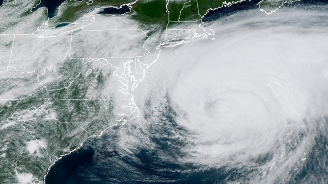 NOAA satellite imagery shows Hurricane Erin off the U.S. Atlantic Coast on Thursday, Aug. 21, 2025.