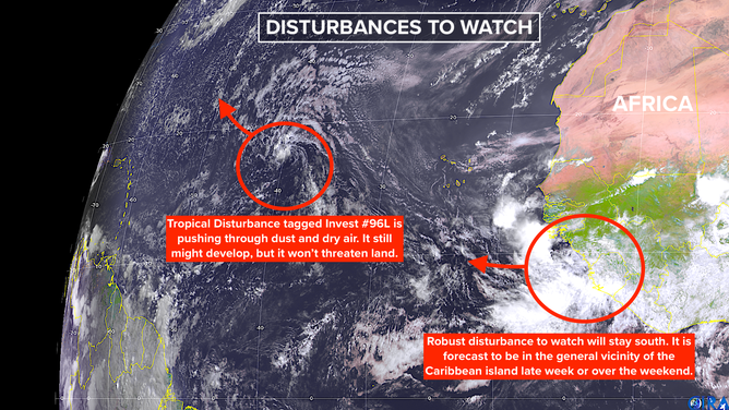 Graphic shows disturbances to watch in the Atlantic on August 8, 2025