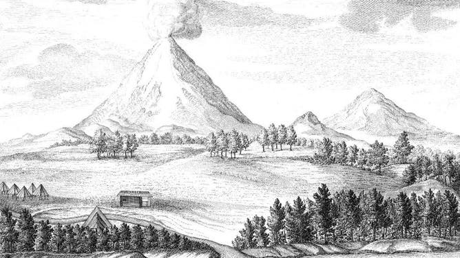 An illustration from Stepan Krasheninnikov's Account of the Land of Kamchatka (1755). The Kamchatka Peninsula is a 1,250-kilometer long peninsula in the Russian Far East, with an area of 472,300 km2 (182,400 sq mi). It lies between the Pacific Ocean to the east and the Sea of Okhotsk to the west. Immediately offshore along the Pacific coast of the peninsula runs the 10,500-metre (34,400 ft) deep Kuril-Kamchatka Trench.