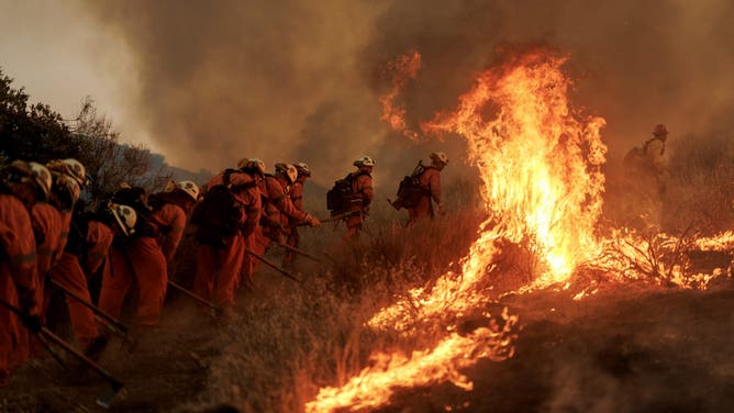 Firefighters battle flames from the Canyon Fire on August 7, 2025 in Castaic, California.