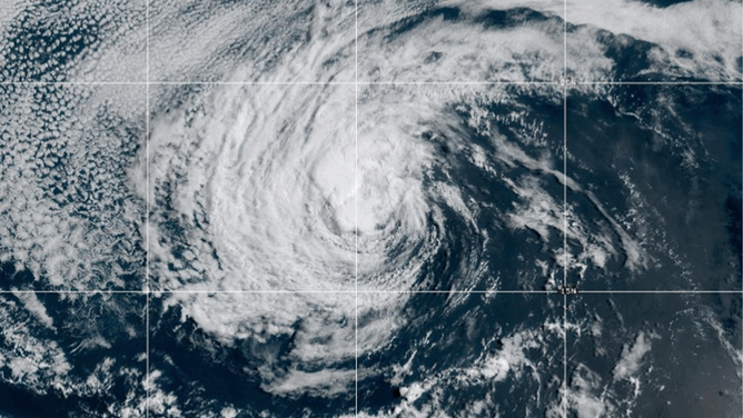 GOES satellite imagery of Tropical Storm Henriette in the eastern Pacific Ocean on Aug. 5, 2025.
