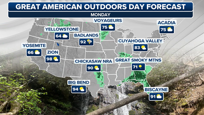 A forecast for some of the national parks on Aug. 4, Great American Outdoors Day.