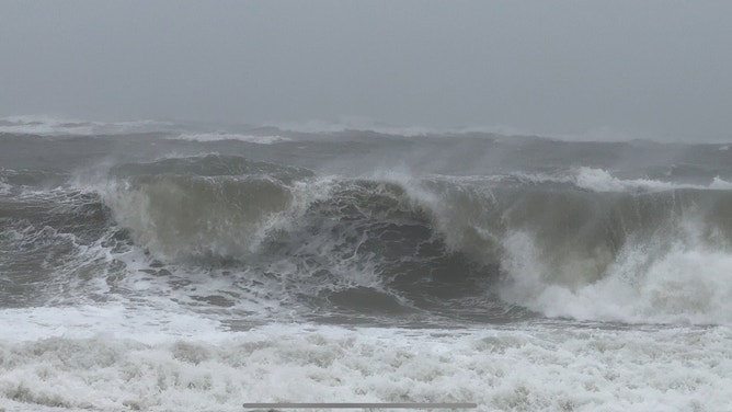 Large waves in Ocean City, Maryland on Aug. 21, 2025.
