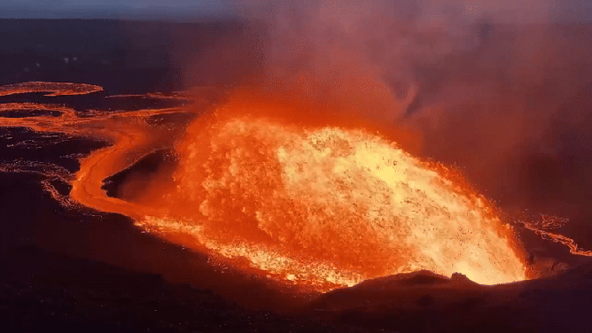This animated image shows lava shooting from inside Hawaii’s Kilauea volcano during its most recent eruptive episode in August, 2025.