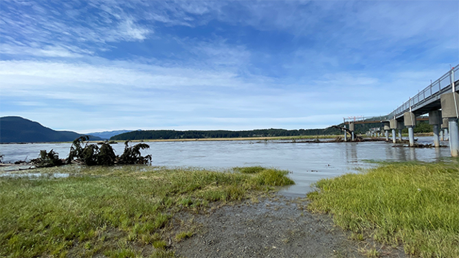 This image shows debris left behind after record flooding of the Mendenhall River in Juneau, Alaska, after a glacial lake outburst on Aug. 13, 2025.