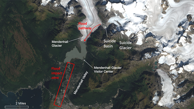 This image provided by the National Weather Service (NWS) office in Juneau, Alaska, shows locations likely to be impacted by glacial lake outburst flooding.