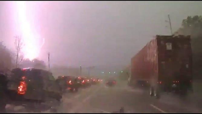 This image comes from video shared by the Mount Pleasant Police Department showing a lightning strike and explosion on Aug. 11, 2025.