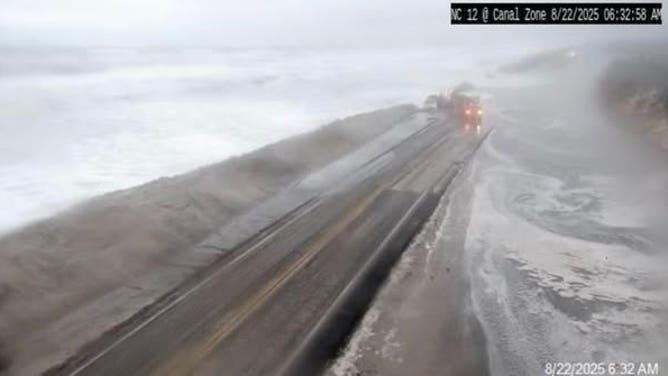 Parts of North Carolina Highway 12 remained washed out at Buxton near Ocracoke Island on Friday morning, August 22, 2025.