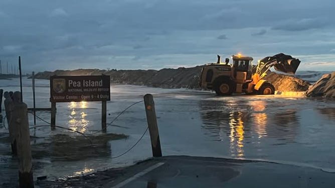 Parts of North Carolina Highway 12 remained washed out at Buxton near Ocracoke Island on Friday morning, August 22, 2025.