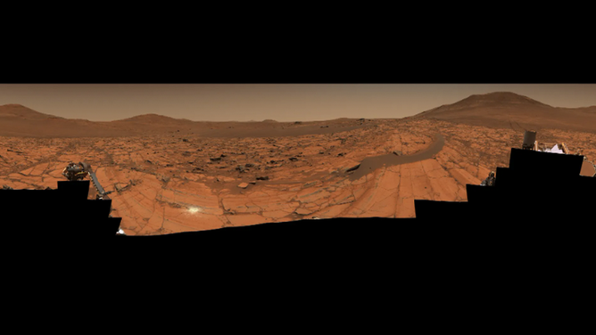 A natural-color mosaic of the area on Mars known as 
