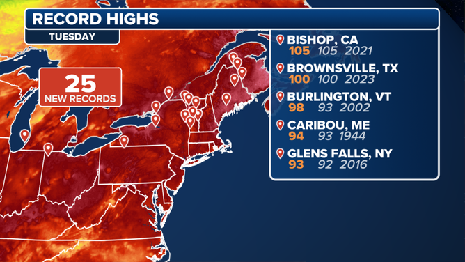 This graphic shows more than 10 record-high temperatures set across the interior Northeast on Tuesday, August 13, 2025.