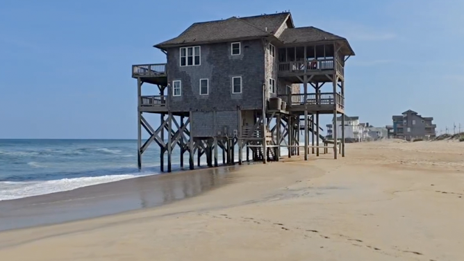 Abandoned homes on Rodanthe Beach on Hatteras Islands, North Carolina ahead of Hurricane Erin's impacts.