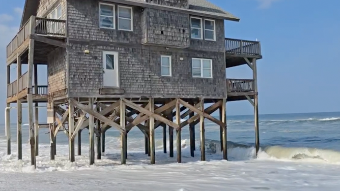 Abandoned homes on Rodanthe Beach on Hatteras Islands, North Carolina ahead of Hurricane Erin's impacts.