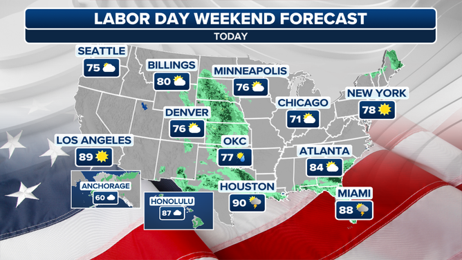Saturday Labor Day weekend forecast map.