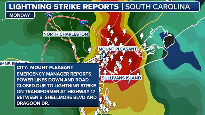 This graphic provides information on lightning strikes in Mount Pleasant, South Carolina, on Aug. 11, 2025.