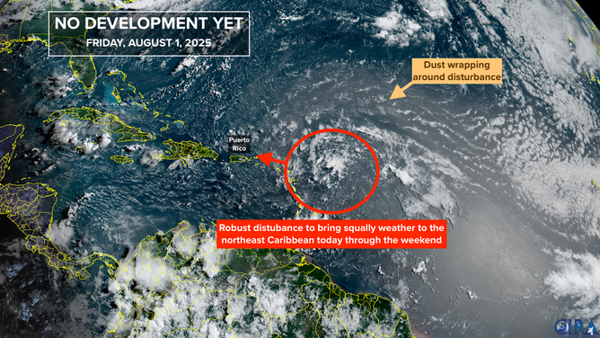 This is satellite imagery showing a disturbance near the northeast Caribbean Sea.