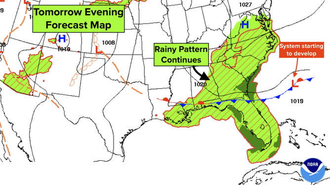 This graphic shows a stalled front over the southeastern U.S.