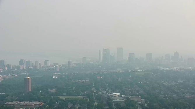 This image from FOX 6 Milwaukee shows hazy skies due to Canadian wildfire smoke on Friday, Aug, 1, 2025.