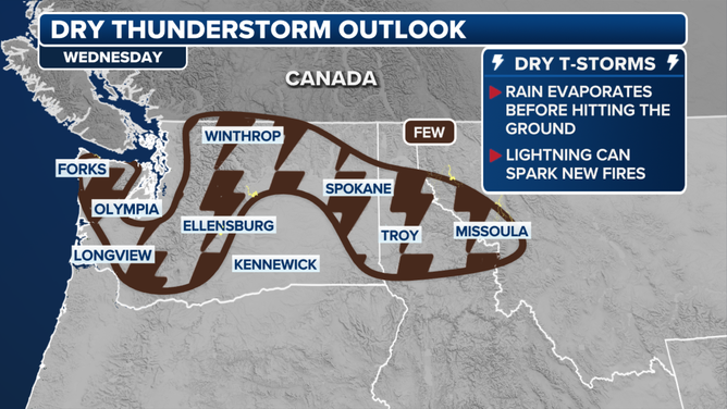 This graphic shows the dry thunderstorm outlook in the Northwest on Wednesday, Aug. 27, 2025.
