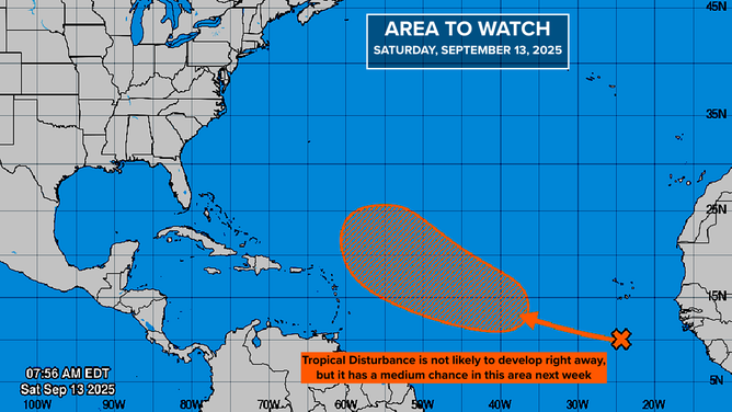 The National Hurricane Center gives the area to watch a medium chance of development over the next week. 