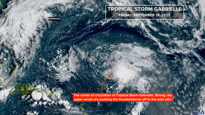 Satellite image of Tropical Storm Gabrielle on Sept. 19, 2025.