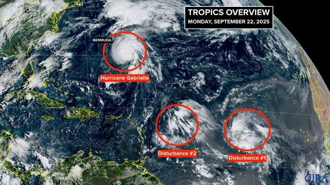 This satellite image shows Hurricane Gabrielle and two tropical disturbances that could develop over the next week.