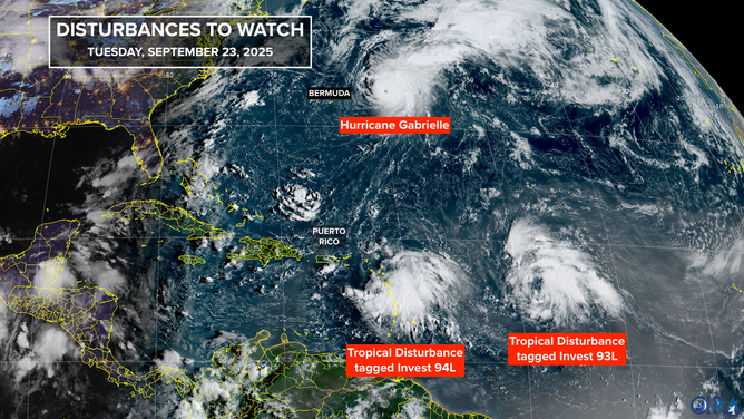 This satellite image shows Hurricane Gabrielle, and invests 93L and 94L in the Atlantic.