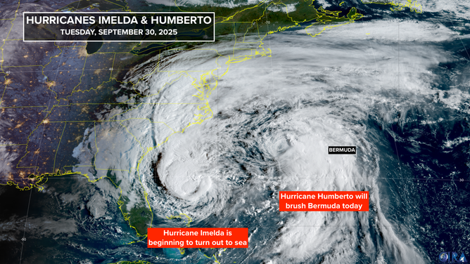 This satellite image shows Hurricane Imelda and Hurricane Humberto in the Atlantic on Sept. 30, 2025.