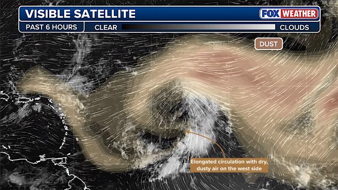 This image shows Saharan dust over the Atlantic Ocean.