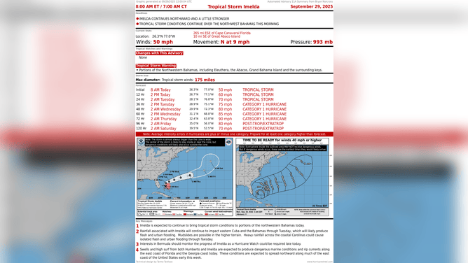 This graphic shows the latest with Tropical Storm Imelda on Sept. 29, 2025.