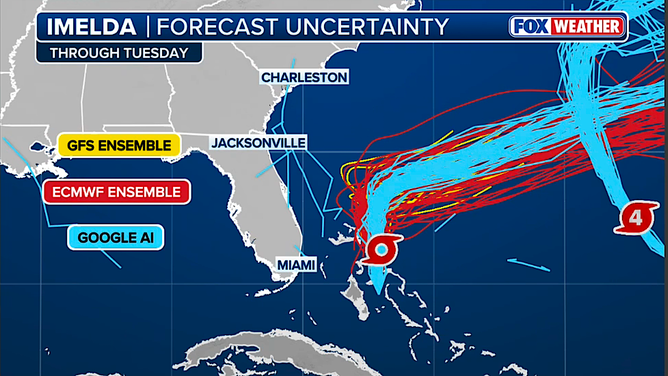 This graphic shows the forecast track of Tropical Storm Imelda from various computer forecast models.