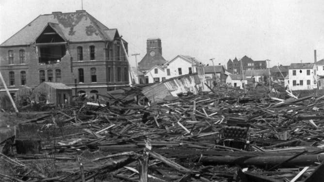 This photo shows damage after the deadly hurricane that slammed Galveston, Texas, on Sept. 8, 1900.
