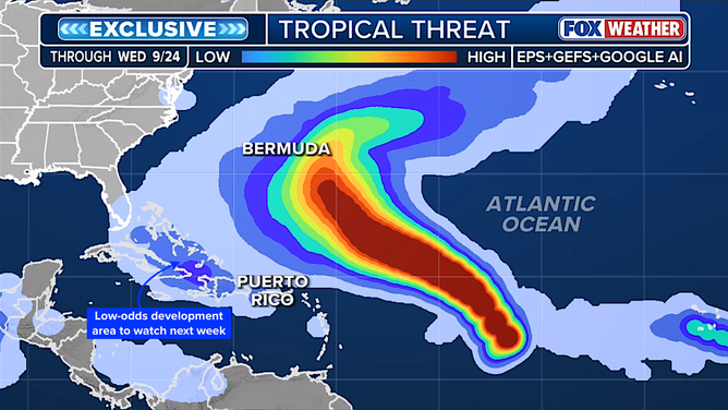 This graphic shows the tropical threat chances from Tropical Depression Seven.