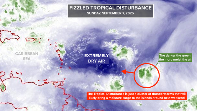 This image shows the water vapor in the tropical Atlantic on Sunday, Sept. 7, 2025.